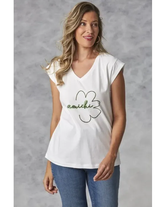 Camiseta Amichi Blanca | Básica con Logotipo Flor Verde