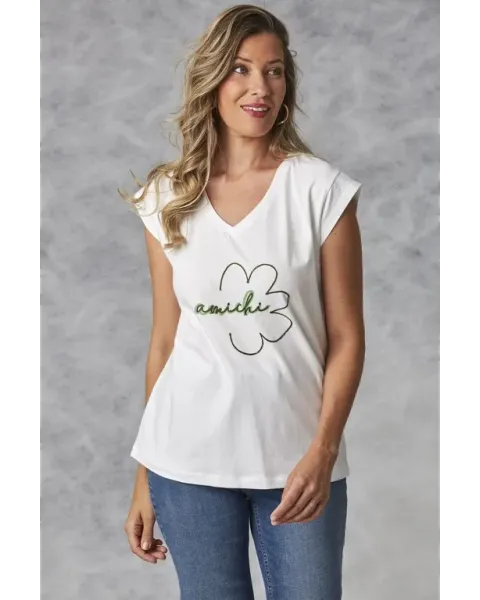 Camiseta Amichi Blanca | Básica con Logotipo Flor Verde