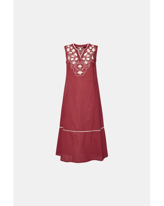 Vestido Midi Algodón y Lino MDM Coralie Garnet | Bordado Floral