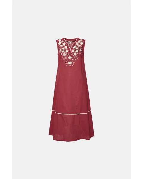 Vestido Midi Algodón y Lino MDM Coralie Garnet | Bordado Floral