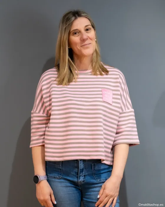 Camiseta Rayas Rosa y Gris Esenciales Maldita | Talla Única