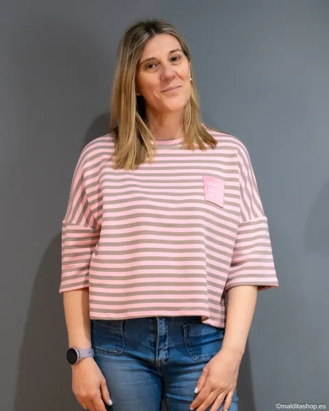 Camiseta Rayas Rosa y Gris Esenciales Maldita | Talla Única
