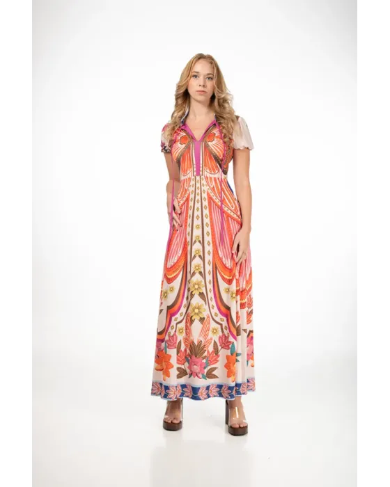 Vestido Largo Malalá Nido de Abeja Estampado Libélula | Boho-Chic