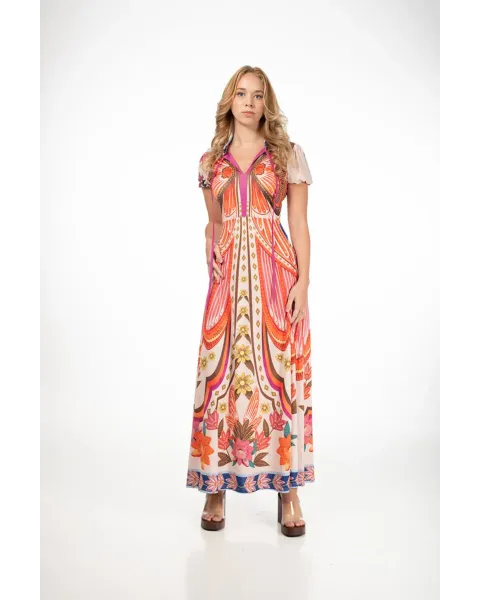 Vestido Largo Malalá Nido de Abeja Estampado Libélula | Boho-Chic