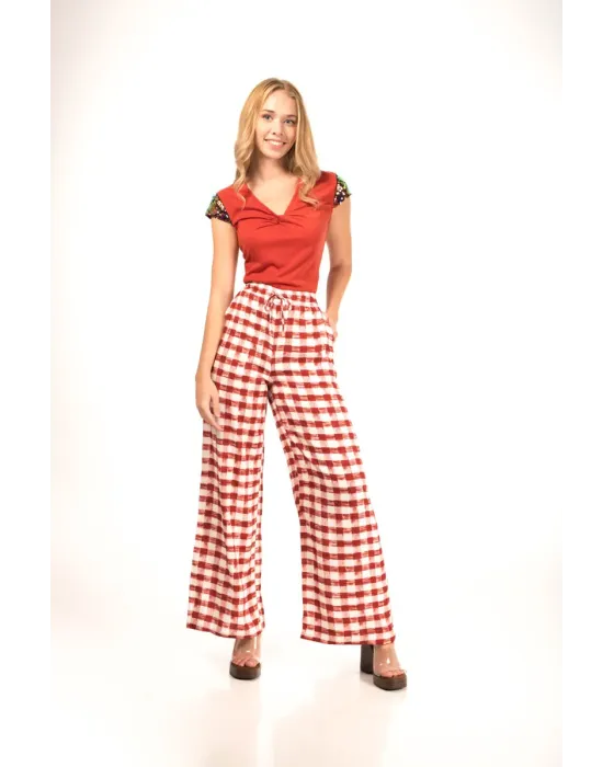 Pantalones Malalá Voluntad | Palazzo Cuadros Vichy Rojo | Maldita