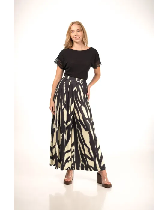 Pantalones Malalá Arami | Palazzo Animal Print Negro y Crema | Maldita
