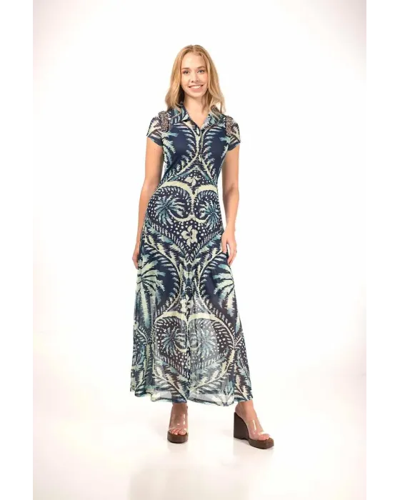Vestido Malalá Chakte Largo Estampado Étnico Azul | Maldita