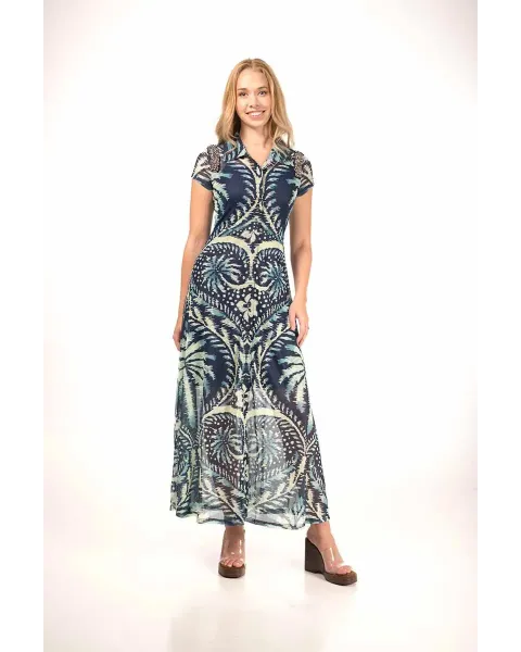 Vestido Malalá Chakte Largo Estampado Étnico Azul | Maldita