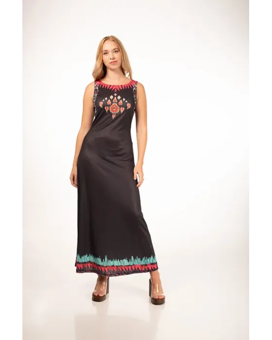 Vestido Largo Malalá Voluntad Negro | Estampado Étnico Satinado