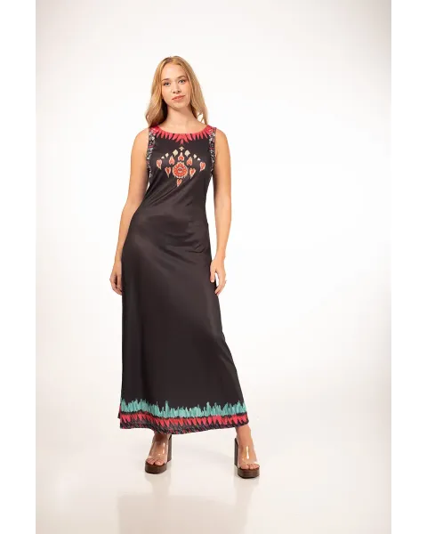 Vestido Largo Malalá Voluntad Negro | Estampado Étnico Satinado