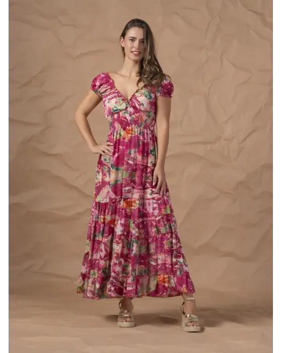 Vestido Largo For Time Estampado Abstracto Fucsia | Nido de Abeja