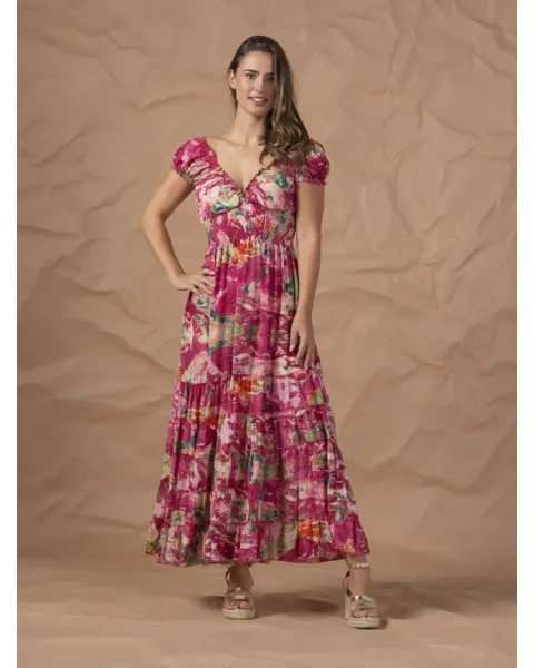 Vestido Largo For Time Estampado Abstracto Fucsia | Nido de Abeja