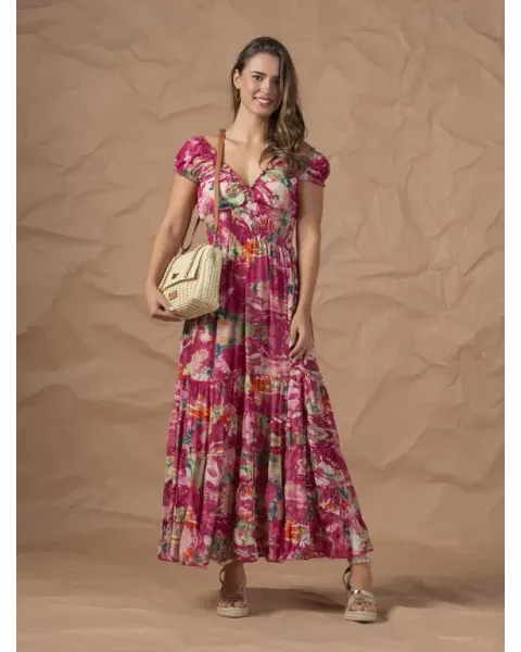 Vestido Largo For Time Estampado Abstracto Fucsia | Nido de Abeja