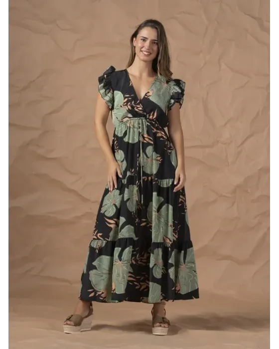 Vestido Largo For Time Estampado Botánico Negro | Mangas Volantes