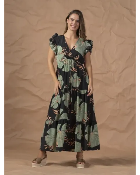 Vestido Largo For Time Estampado Botánico Negro | Mangas Volantes