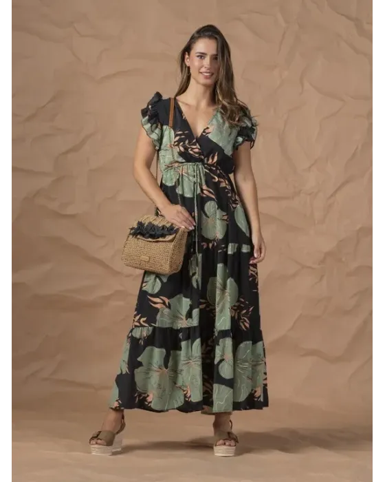 Vestido Largo For Time Estampado Botánico Negro | Mangas Volantes