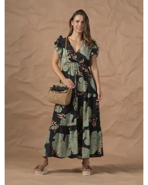 Vestido Largo For Time Estampado Botánico Negro | Mangas Volantes