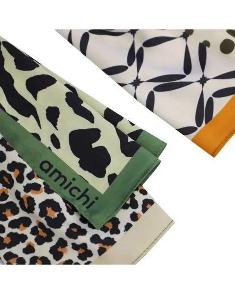 Pañuelo Amichi Mix Prints Leopardo y Geométrico Verde | Satinado