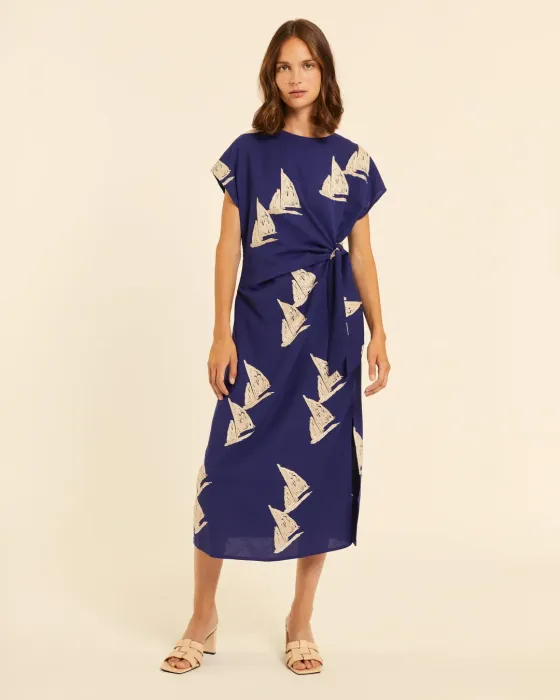 Vestido Midi Pepaloves Azul Marino | Bordado Barcos | Maldita