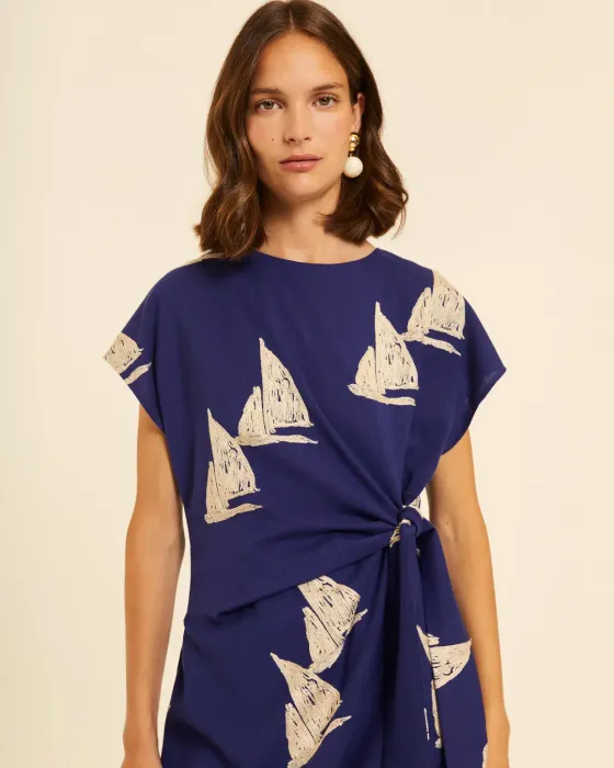 Vestido Midi Pepaloves Azul Marino | Bordado Barcos | Maldita