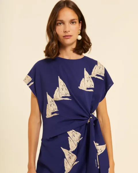 Vestido Midi Pepaloves Azul Marino | Bordado Barcos | Maldita