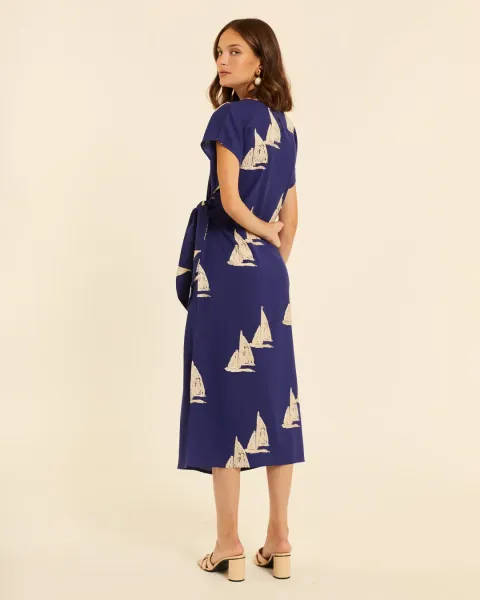 Vestido Midi Pepaloves Azul Marino | Bordado Barcos | Maldita