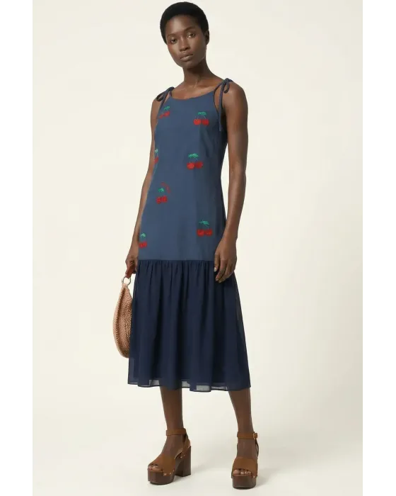 Vestido Lolitas&L Cerezas 3D | Vestido Azul Marino Midi con Bordado Relieve | Maldita