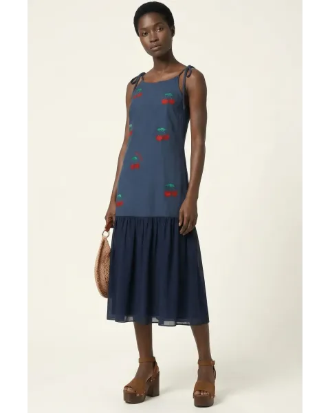 Vestido Lolitas&L Cerezas 3D | Vestido Azul Marino Midi con Bordado Relieve | Maldita