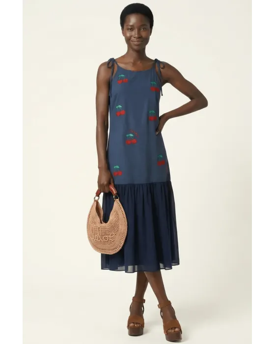 Vestido Lolitas&L Cerezas 3D | Vestido Azul Marino Midi con Bordado Relieve | Maldita