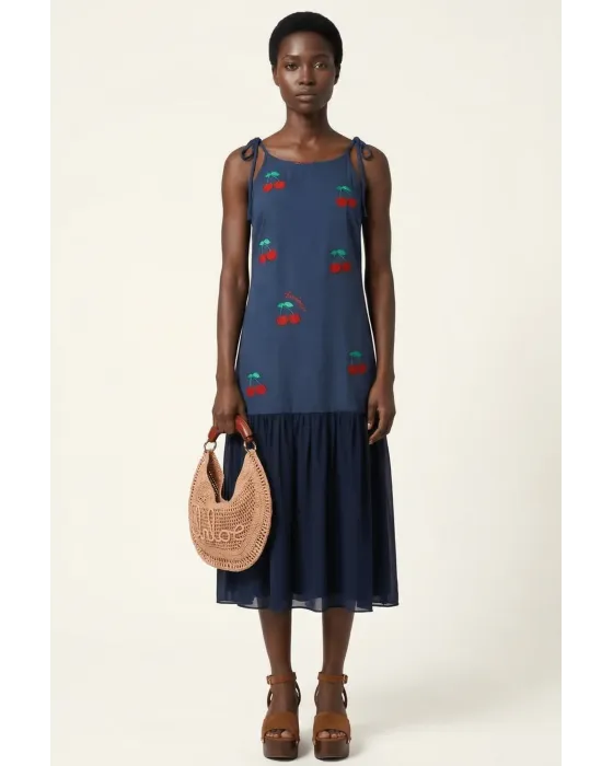 Vestido Lolitas&L Cerezas 3D | Vestido Azul Marino Midi con Bordado Relieve | Maldita