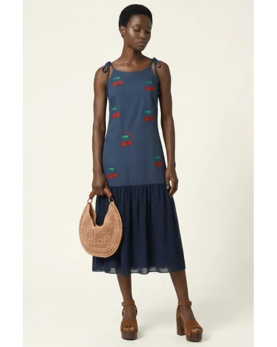 Vestido Lolitas&L Cerezas 3D | Vestido Azul Marino Midi con Bordado Relieve | Maldita