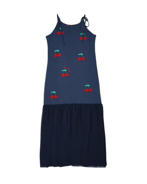 Vestido Lolitas&L Cerezas 3D | Vestido Azul Marino Midi con Bordado Relieve | Maldita
