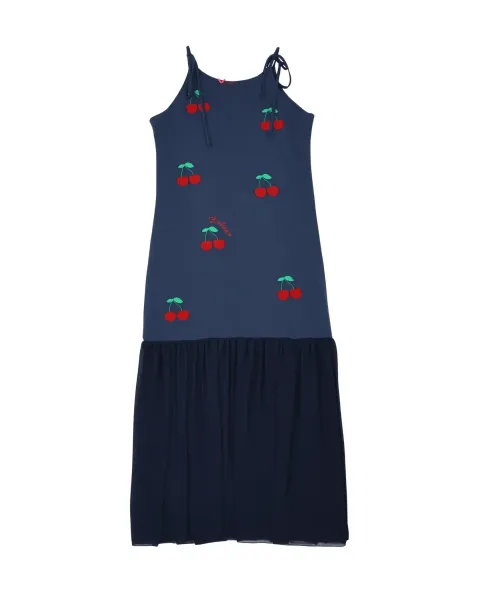 Vestido Lolitas&L Cerezas 3D | Vestido Azul Marino Midi con Bordado Relieve | Maldita