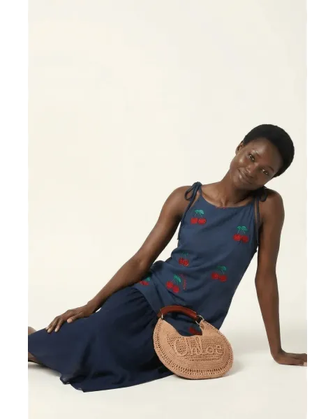 Vestido Lolitas&L Cerezas 3D | Vestido Azul Marino Midi con Bordado Relieve | Maldita