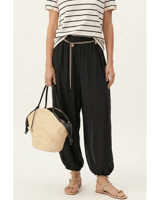 Pantalón Lolitas&L Palazzo Negro | Pantalón Globo de Gasa con Transparencias | Maldita