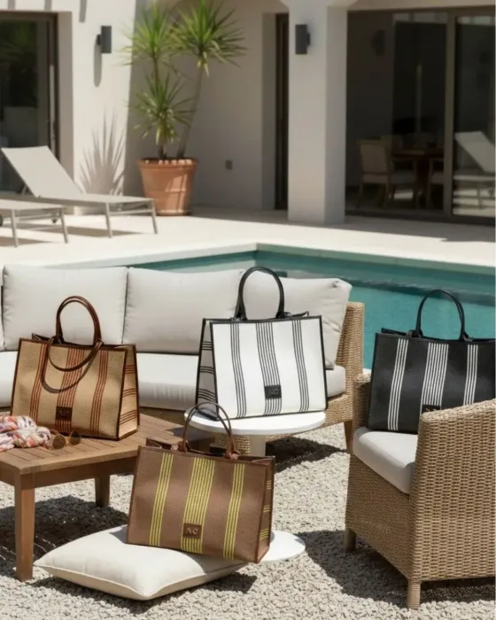 Maxi Bolsa de Playa Noco Beach Líneas | Rafia Bicolor 43x33x18 cm | Maldita