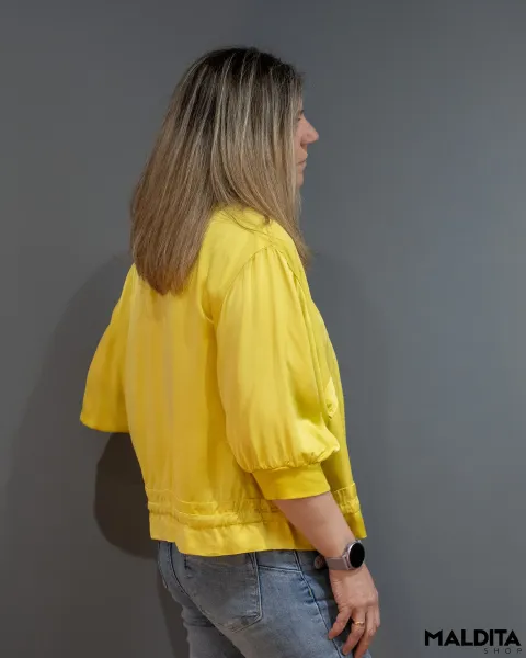 Casaco Bomber Acetinado Amarelo com Bolsos | Maldita