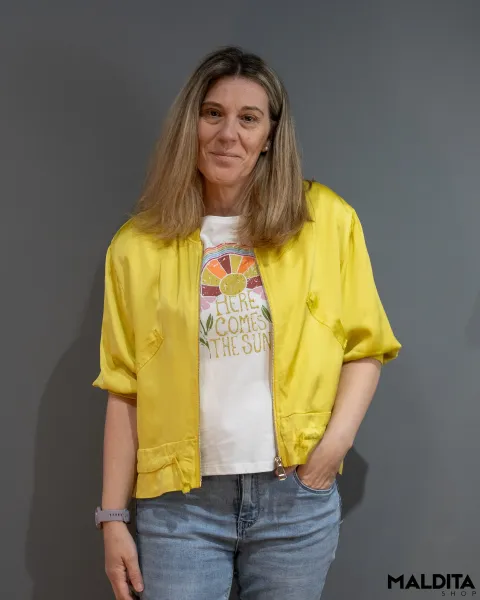 Casaco Bomber Acetinado Amarelo com Bolsos | Maldita