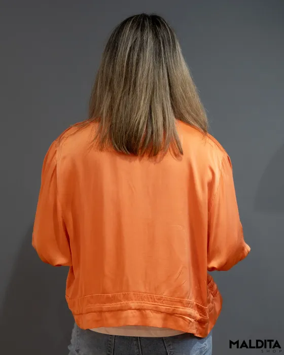 Casaco Bomber Acetinado Laranja com Bolsos | Maldita