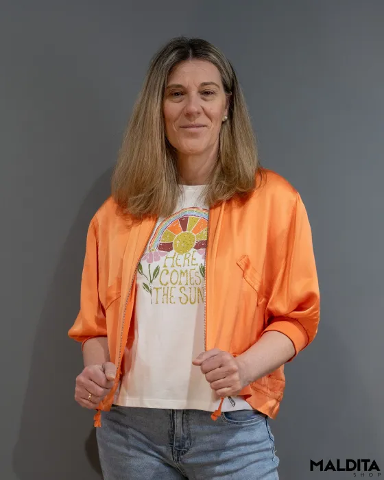 Casaco Bomber Acetinado Laranja com Bolsos | Maldita