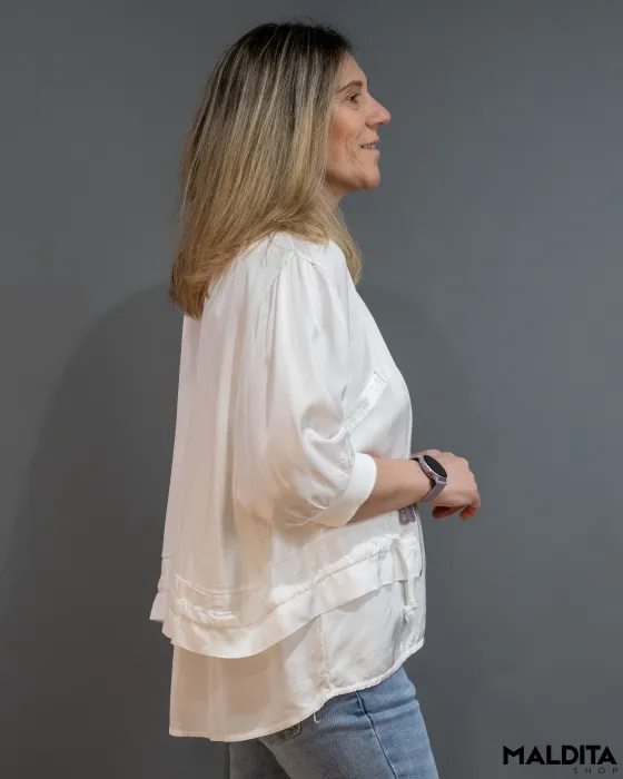 Casaco Bomber Acetinado Cor Cru com Bolsos | Maldita 2