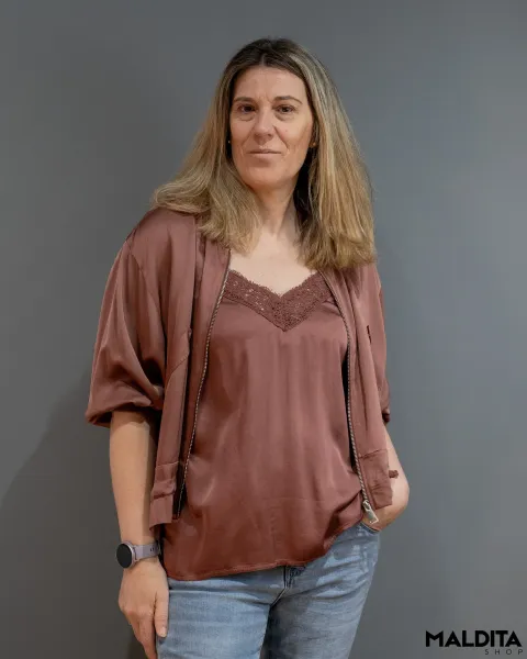 Chaqueta Bomber Satinada Marrón con Bolsillos | Maldita