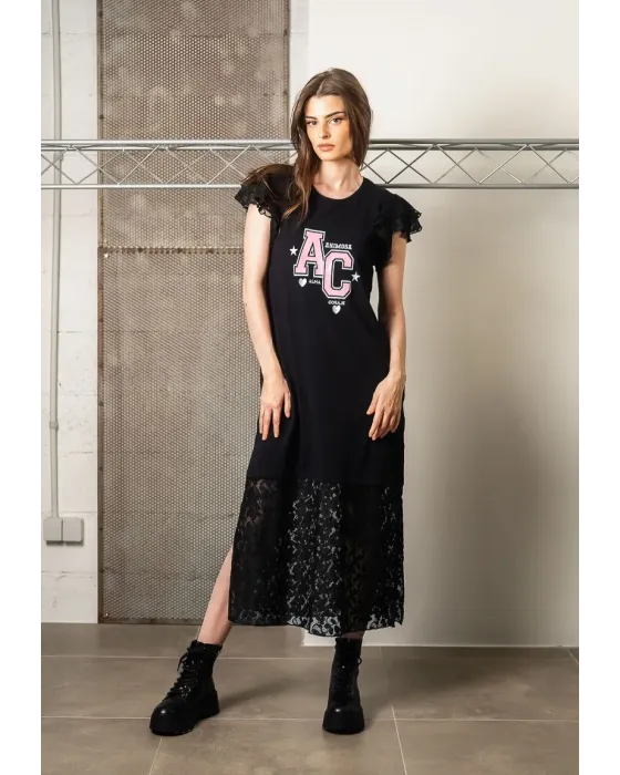 Vestido Midi Negro de Algodón y Encaje Alma Animosa | Maldita