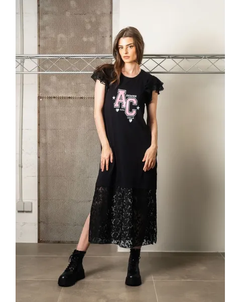 Vestido Midi Negro de Algodón y Encaje Alma Animosa | Maldita