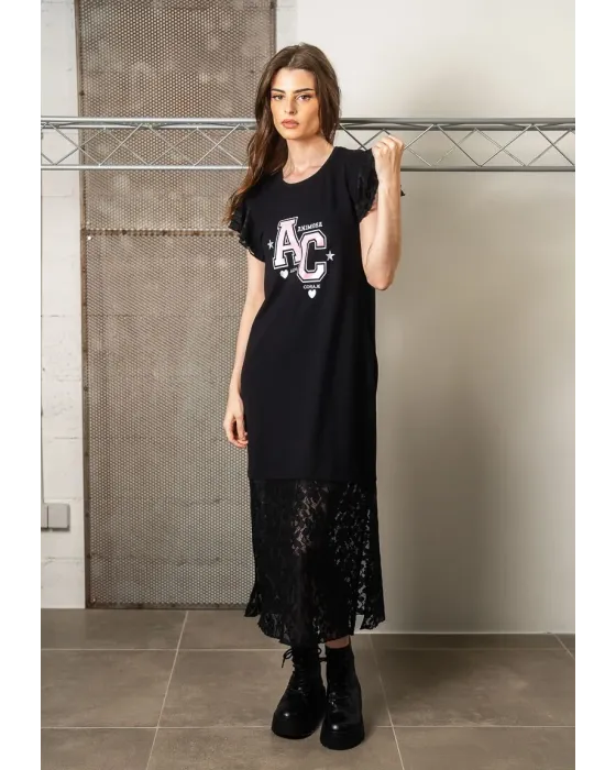 Vestido Midi Preto de Algodão e Renda Alma Animosa | Maldita