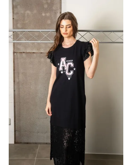 Vestido Midi Negro de Algodón y Encaje Alma Animosa | Maldita