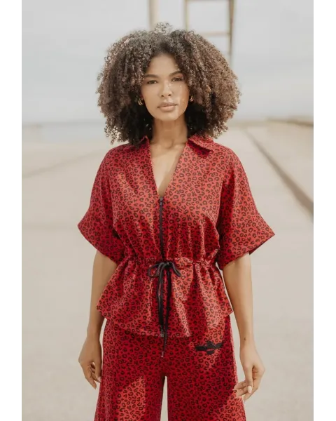 Casaco Peplum Vermelho Animal Print Amour Animosa | Maldita