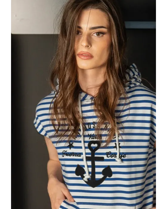 Sudadera de Rayas Marineras con Capucha Ancla Navy Animosa | Maldita