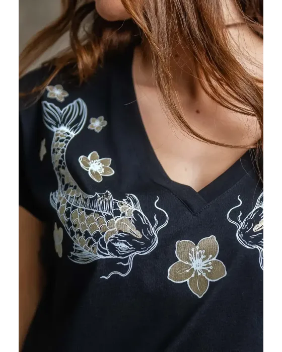 Camiseta Negra de Algodón Carpas Koi Animosa | Fit Oversize | Maldita