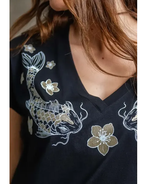 Camiseta Negra de Algodón Carpas Koi Animosa | Fit Oversize | Maldita
